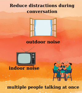 A busy room showing common distractions for a dementia patient: a loud TV, an open window with street noise, and multiple people talking simultaneously, illustrating the sensory overload that should be avoided.