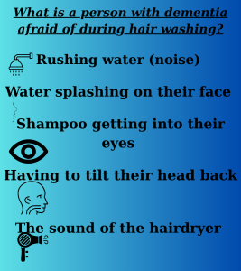 The figure shows what a person with dementia is afraid of when we wash their hair.