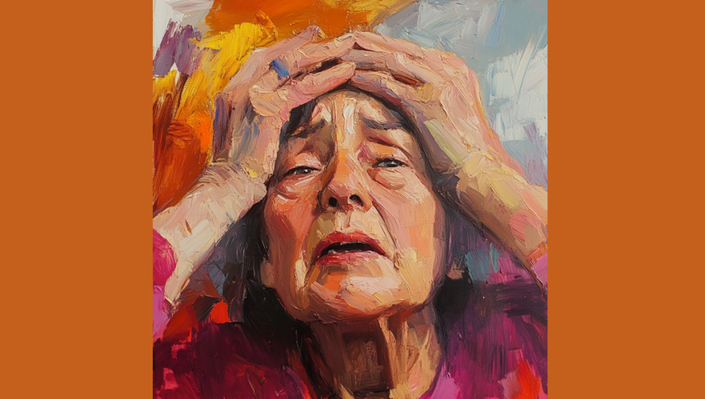 Painting of an elderly woman holding her head in confusion, expressing memory loss and mental strain related to dementia and Alzheimer’s disease.
