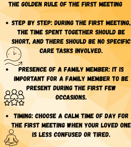 This diagram shows the golden rules of the first meeting: timing, a gradual approach, and the presence of a family member.