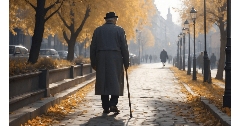 This helps with accessibility and search engine optimization. "An elderly person seen from behind, walking slowly down a park path lined with autumn trees. The image conveys a sense of calm but also a hint of uncertainty and reflection, illustrating the theme of disorientation and the early signs of dementia.