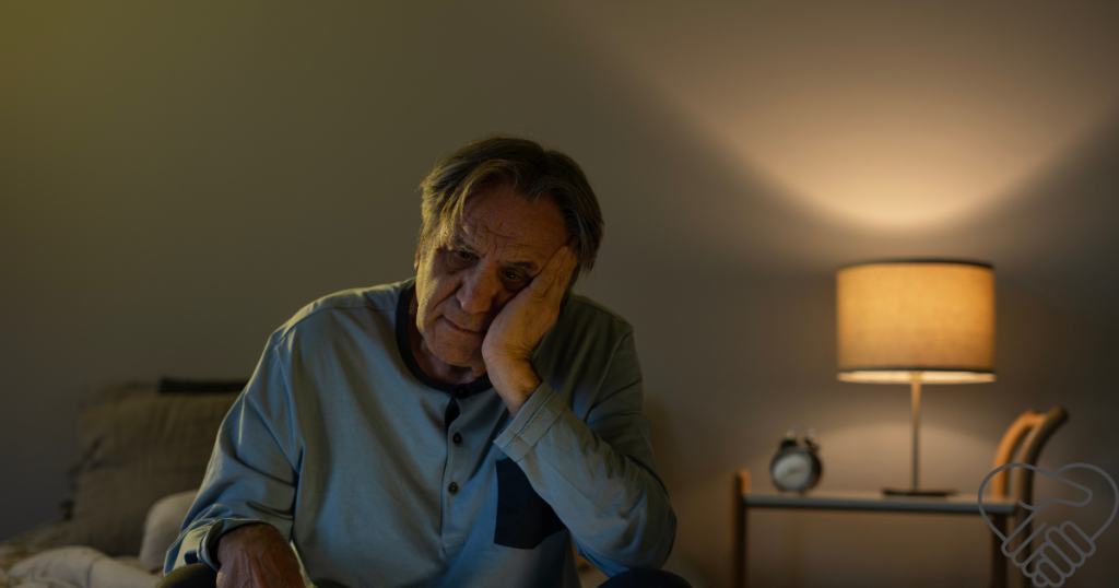 Lewy Body Dementia: A Guide for Family Caregivers A distressed elderly man sits alone in a dimly lit room during the evening hours. He is holding his head with one hand, his face reflecting deep sadness, uncertainty, and exhaustion. The image captures a difficult moment of isolation and the mental struggle caused by dementia.