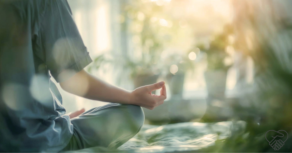 Overwhelmed by Dementia Care? These Simple Movement Habits Can Reduce Your Stress Fast A caregiver sitting cross-legged with their back to the camera, fingers gently touching in a yoga mudra. The image radiates peace and a moment of self-care.